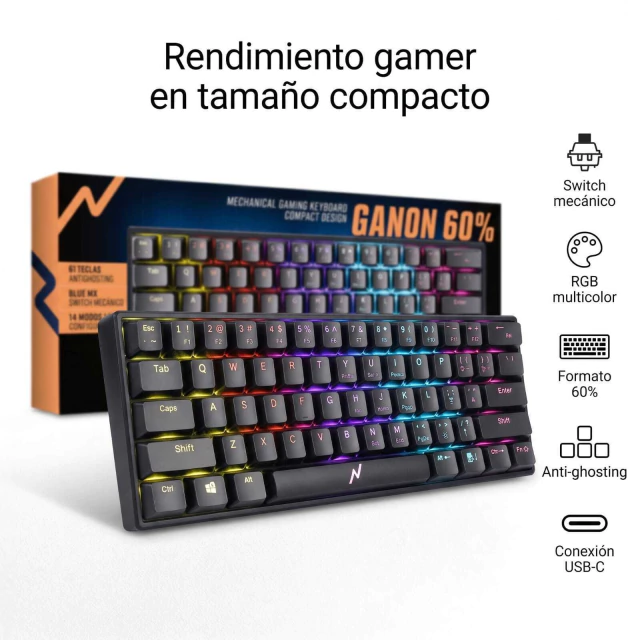 Teclado Gamer Mecánico Noga Ganon 60% RGB Switch Brown